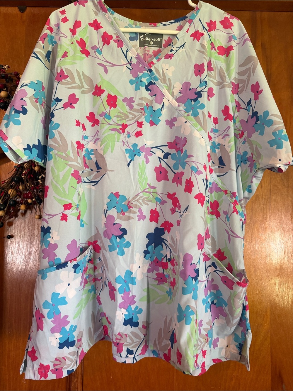 Butter-Soft Floral Wrap Top in Light Blue with Pink & Aqua Flowers